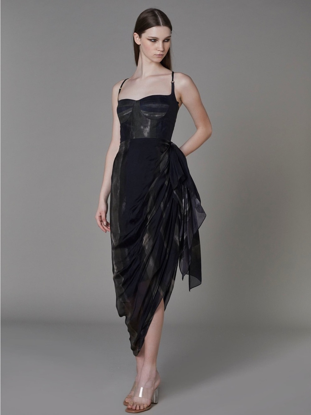 Black Sheer-Overlay Midi Dress with Draped Side Tie